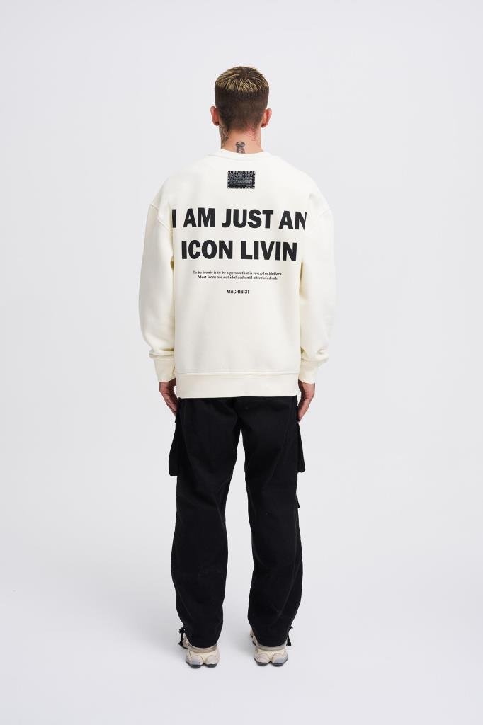 Erkek ICON Baskılı Oversize Sweatshirt Ekru