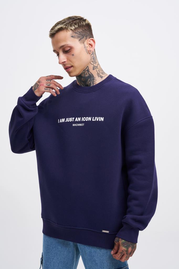 Erkek ICON Baskılı Oversize Sweatshirt Gece Mavisi
