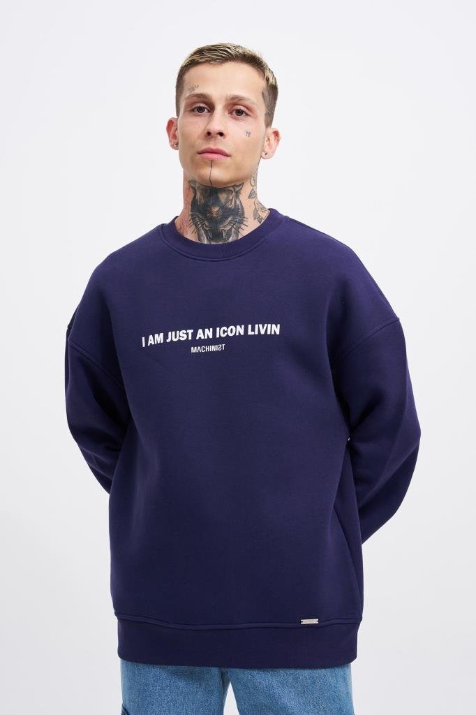 Erkek ICON Baskılı Oversize Sweatshirt Gece Mavisi