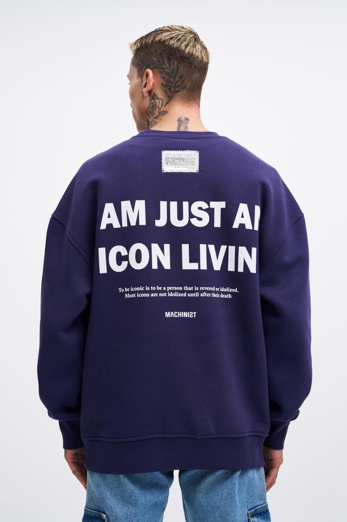Erkek ICON Baskılı Oversize Sweatshirt Gece Mavisi
