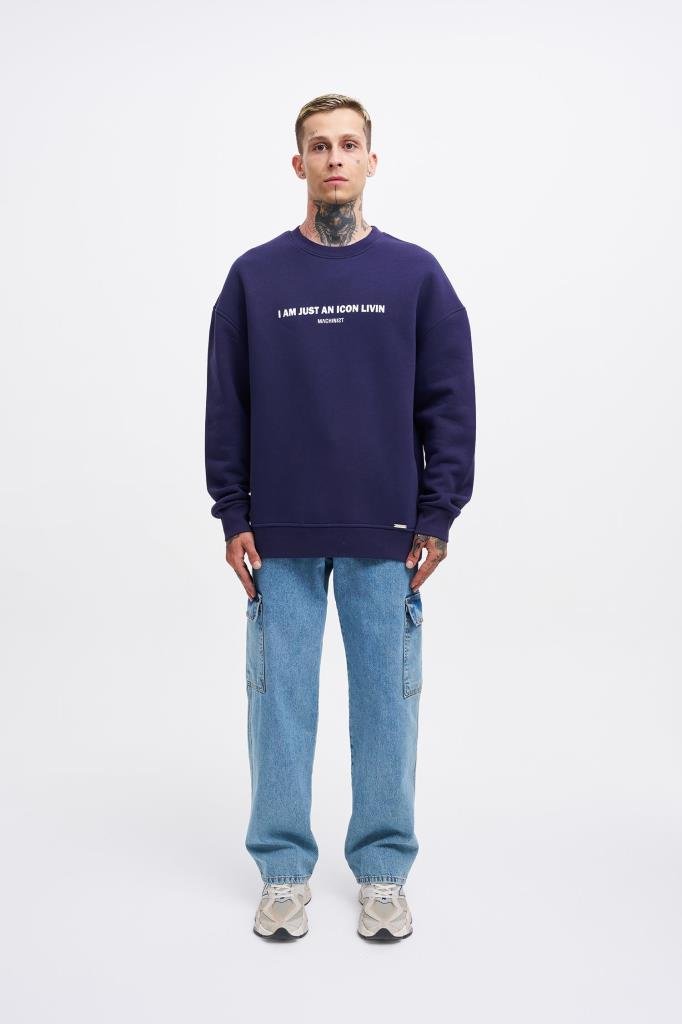 Erkek ICON Baskılı Oversize Sweatshirt Gece Mavisi