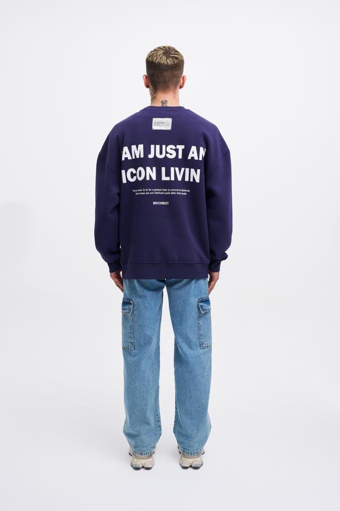 Erkek ICON Baskılı Oversize Sweatshirt Gece Mavisi