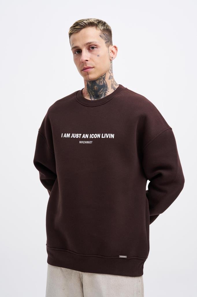 Erkek ICON Baskılı Oversize Sweatshirt Koyu Kahverengi
