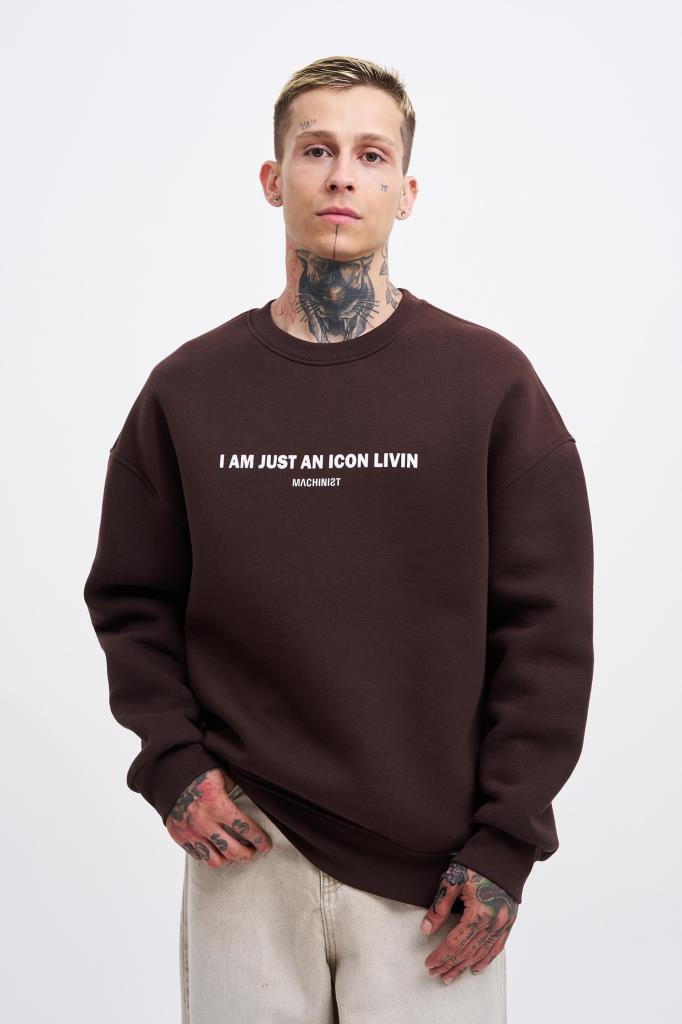 Erkek ICON Baskılı Oversize Sweatshirt Koyu Kahverengi