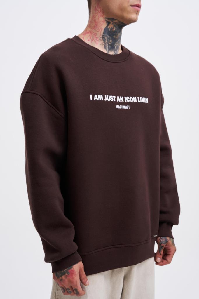 Erkek ICON Baskılı Oversize Sweatshirt Koyu Kahverengi