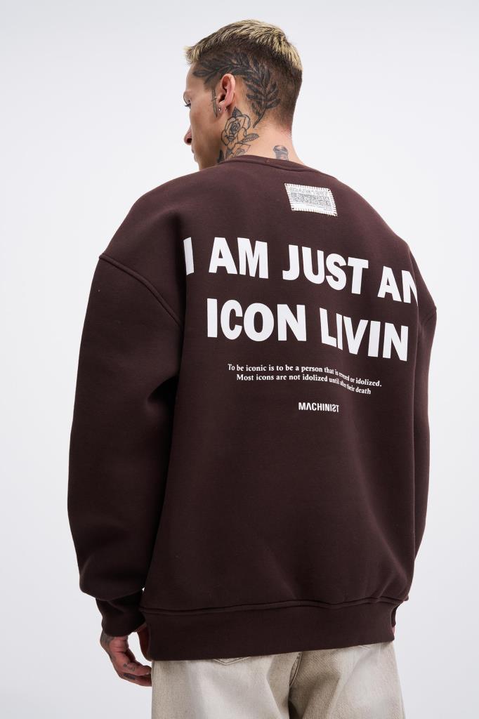 Erkek ICON Baskılı Oversize Sweatshirt Koyu Kahverengi