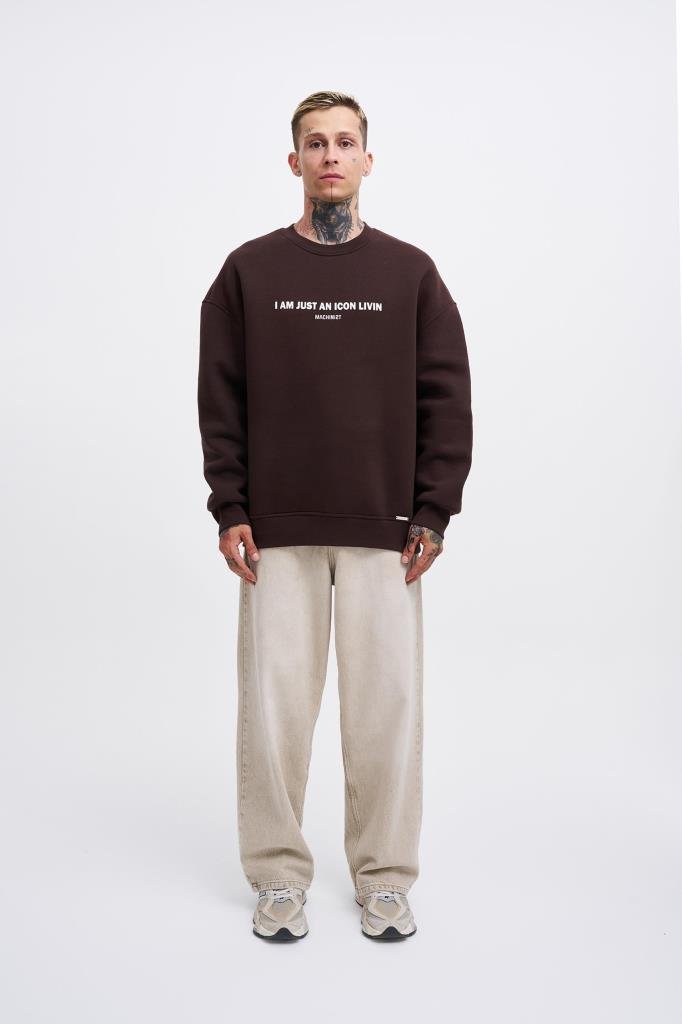 Erkek ICON Baskılı Oversize Sweatshirt Koyu Kahverengi