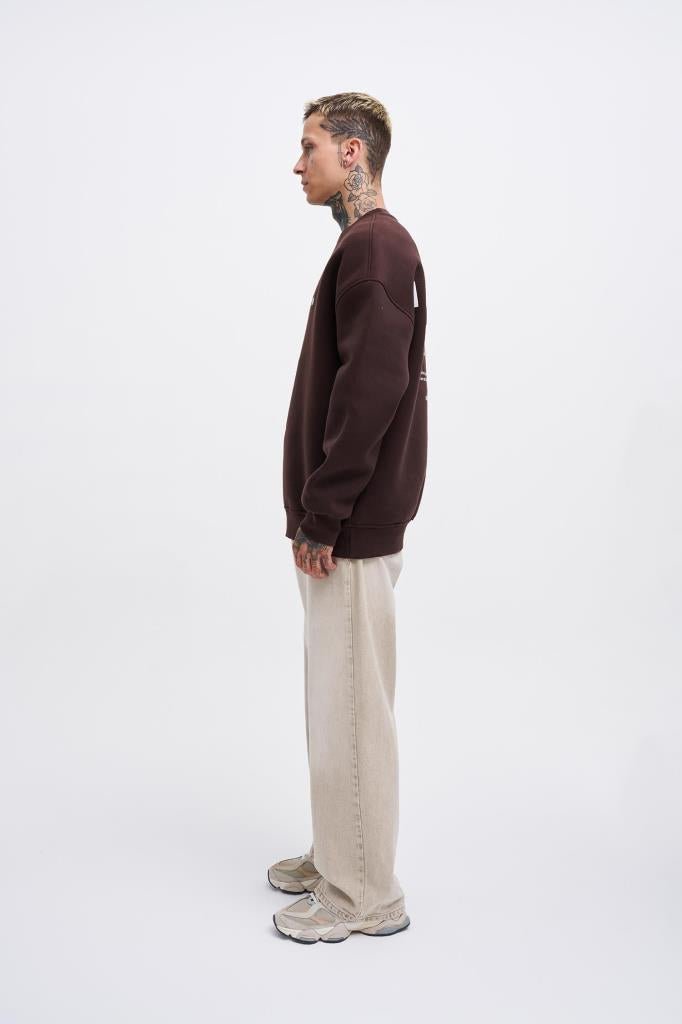 Erkek ICON Baskılı Oversize Sweatshirt Koyu Kahverengi