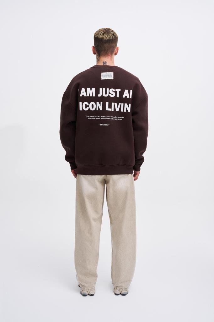 Erkek ICON Baskılı Oversize Sweatshirt Koyu Kahverengi