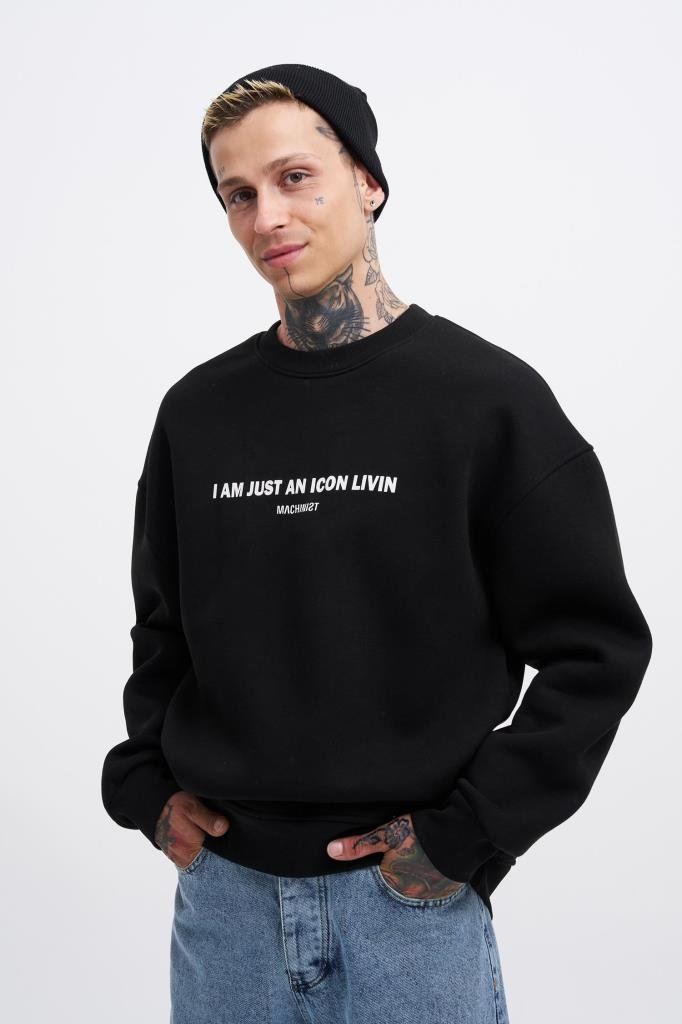 Erkek ICON Baskılı Oversize Sweatshirt Siyah