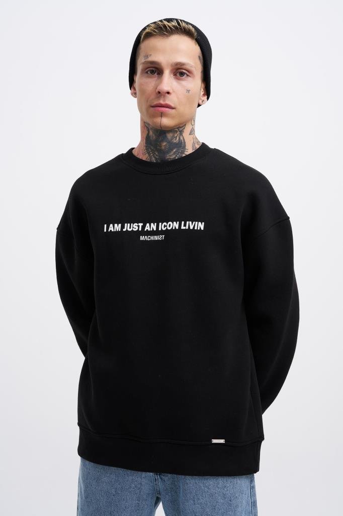 Erkek ICON Baskılı Oversize Sweatshirt Siyah
