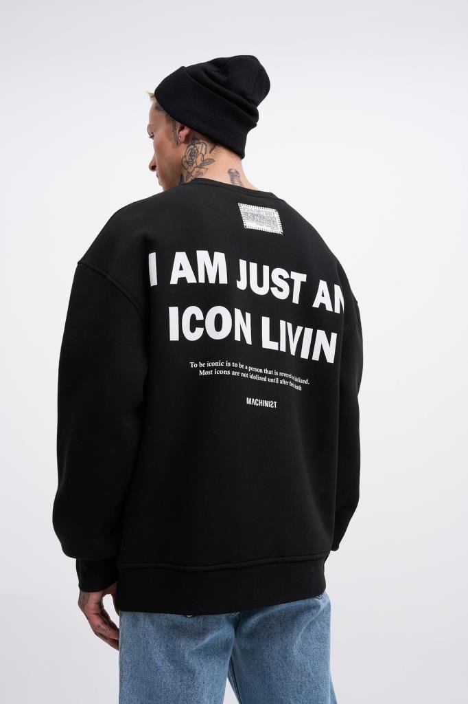Erkek ICON Baskılı Oversize Sweatshirt Siyah