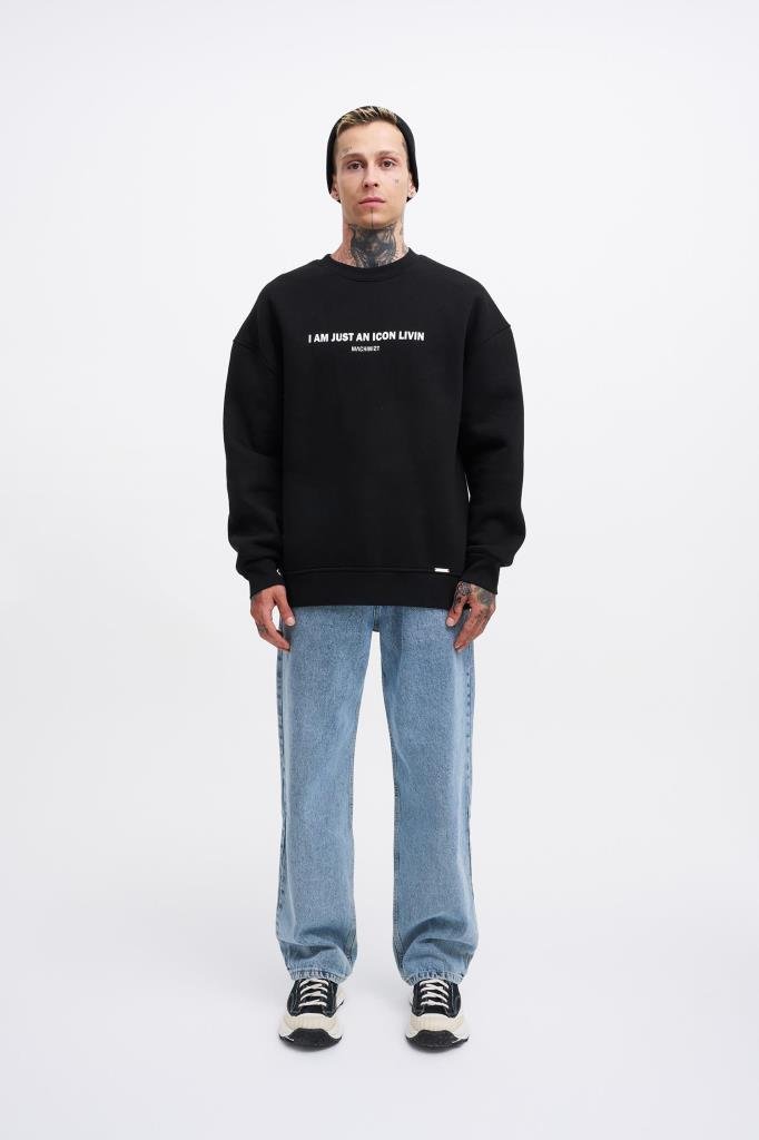 Erkek ICON Baskılı Oversize Sweatshirt Siyah