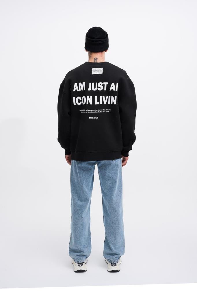 Erkek ICON Baskılı Oversize Sweatshirt Siyah