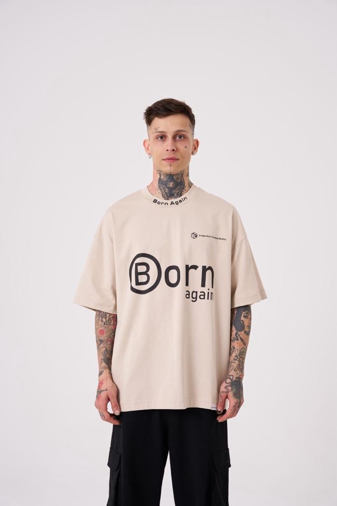 Erkek Imagination Creates Baskılı Oversize Tişört Açık Bej