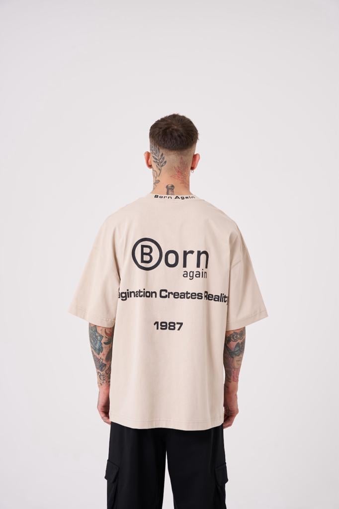 Erkek Imagination Creates Baskılı Oversize Tişört Açık Bej