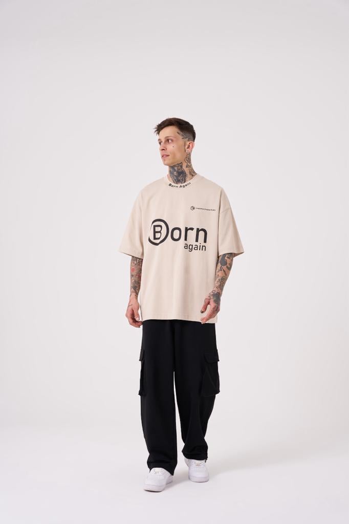 Erkek Imagination Creates Baskılı Oversize Tişört Açık Bej