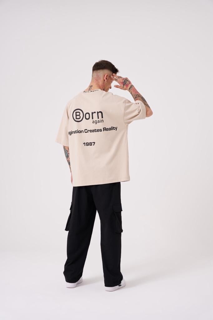 Erkek Imagination Creates Baskılı Oversize Tişört Açık Bej