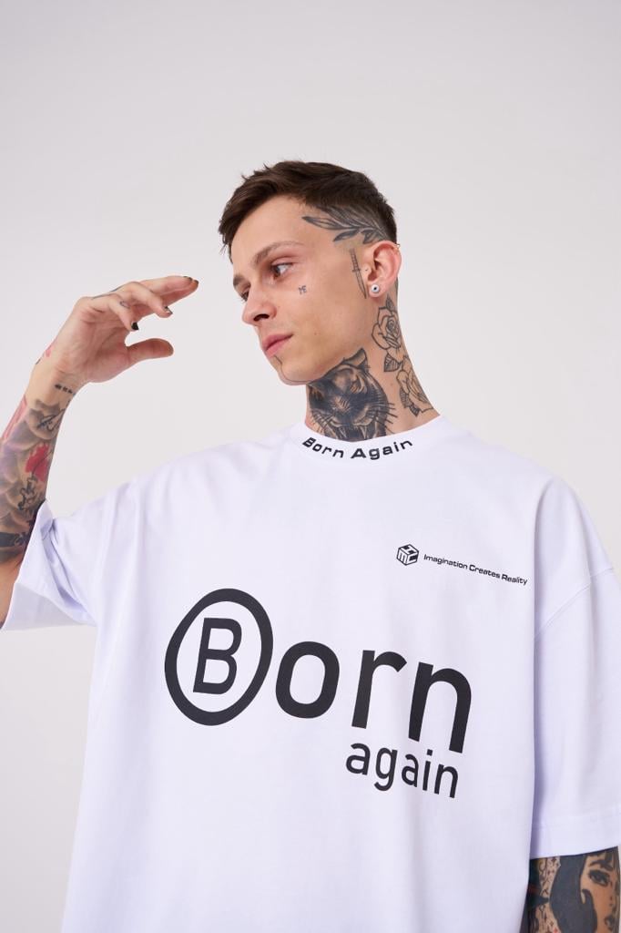 Erkek Imagination Creates Baskılı Oversize Tişört Beyaz