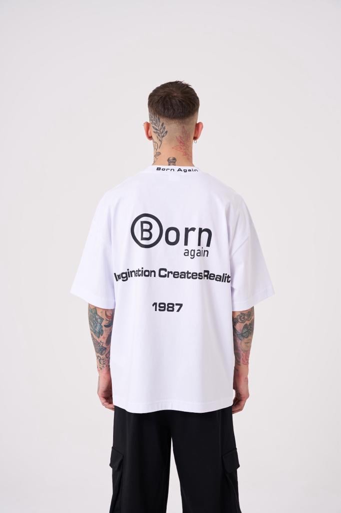 Erkek Imagination Creates Baskılı Oversize Tişört Beyaz