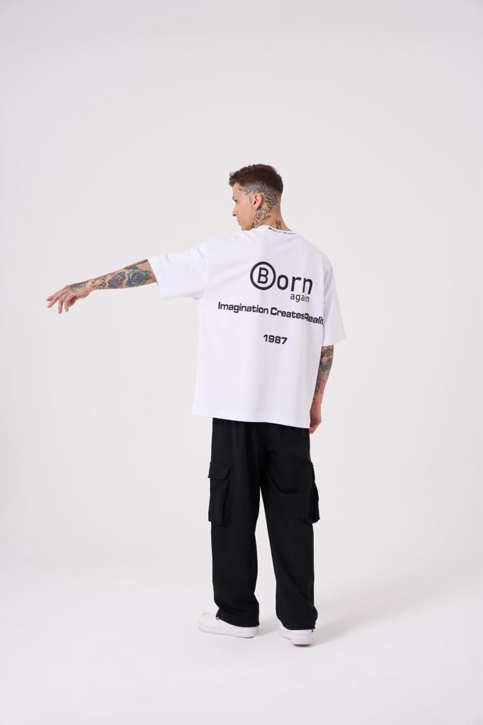 Erkek Imagination Creates Baskılı Oversize Tişört Beyaz