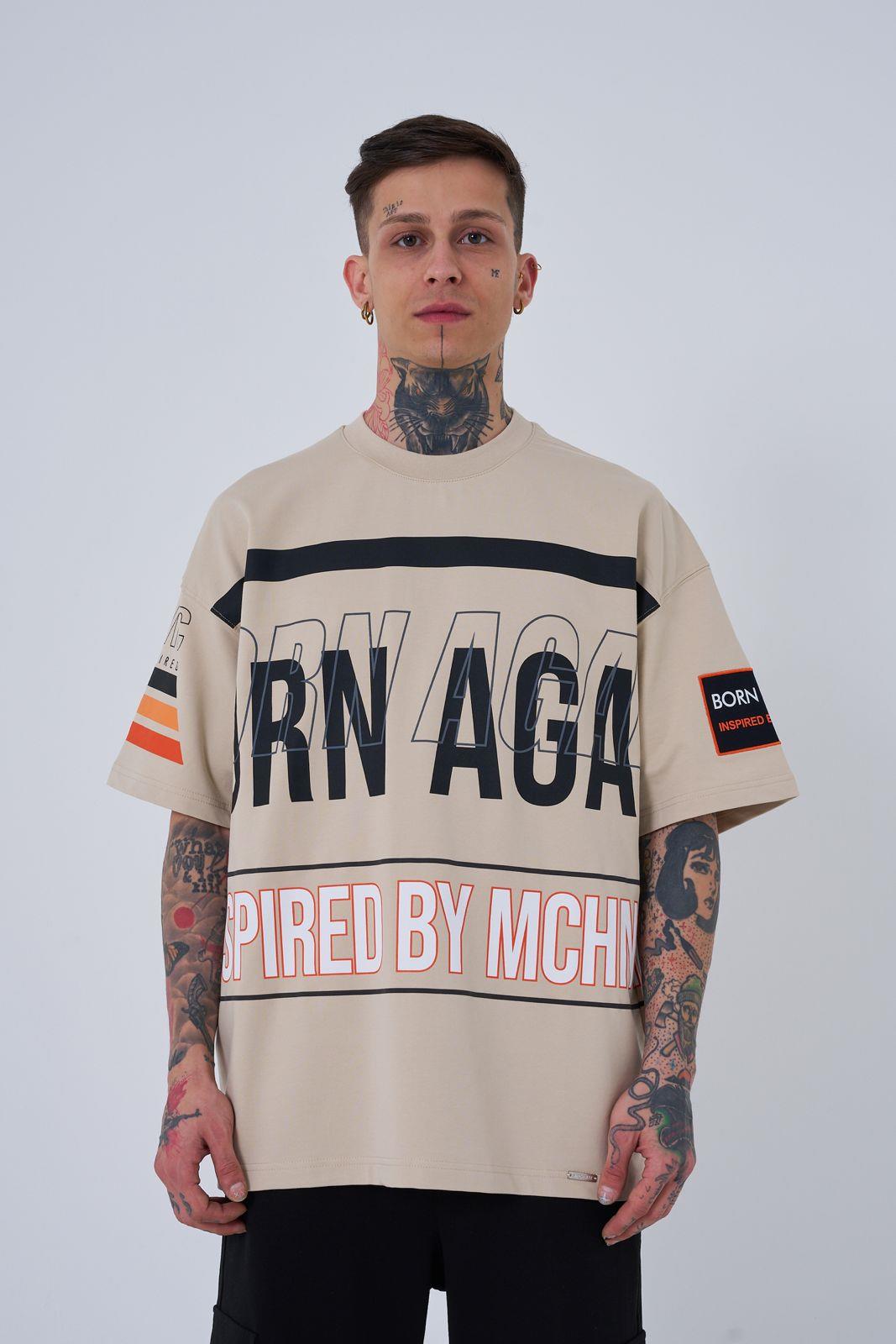 Erkek Inspired By Machinist Baskılı Oversize Tişört Açık Bej