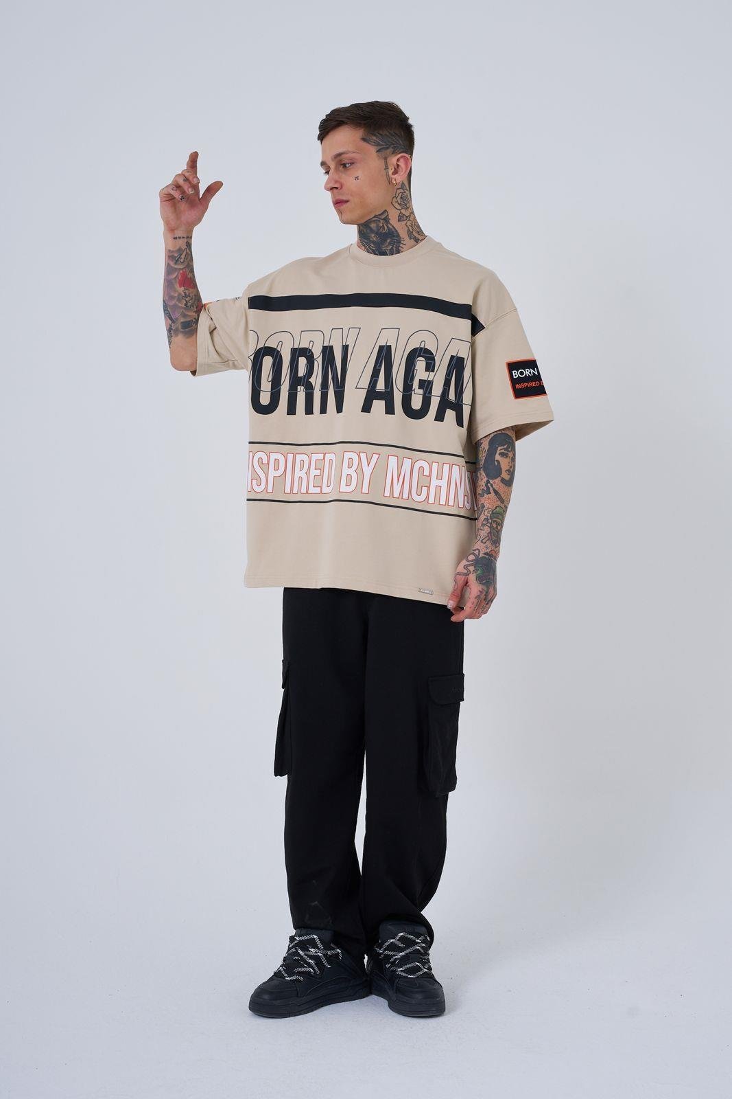 Erkek Inspired By Machinist Baskılı Oversize Tişört Açık Bej