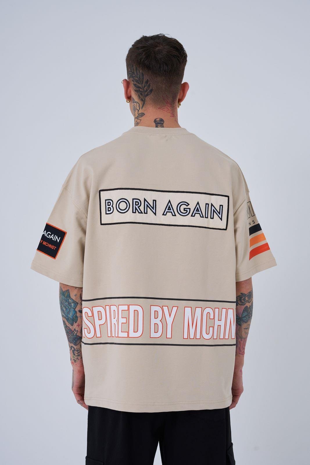 Erkek Inspired By Machinist Baskılı Oversize Tişört Açık Bej