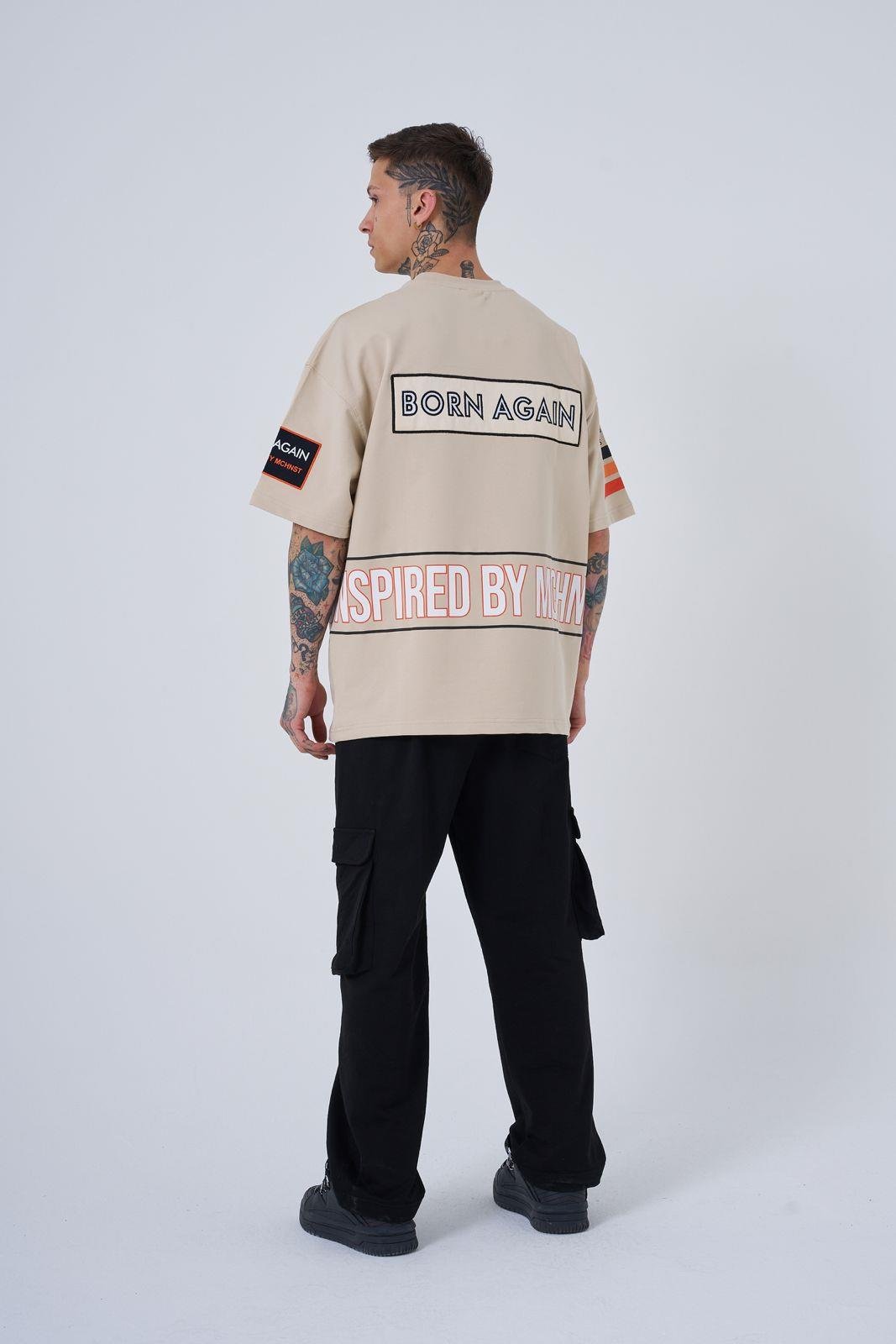 Erkek Inspired By Machinist Baskılı Oversize Tişört Açık Bej