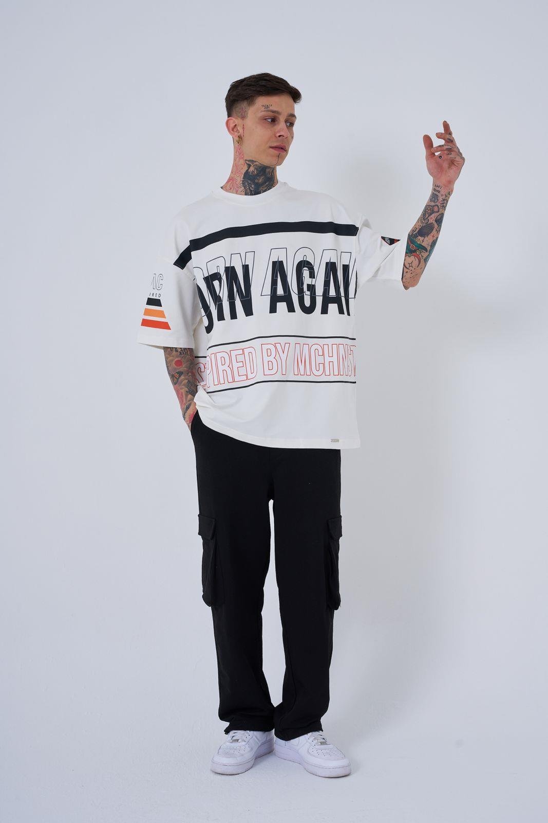 Erkek Inspired By Machinist Baskılı Oversize Tişört Ekru
