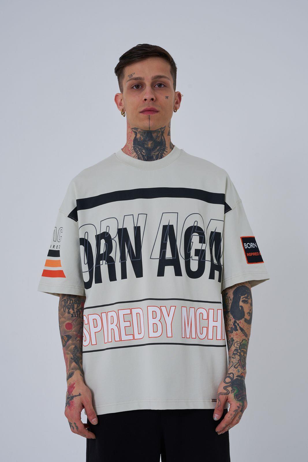 Erkek Inspired By Machinist Baskılı Oversize Tişört Uzay Grisi