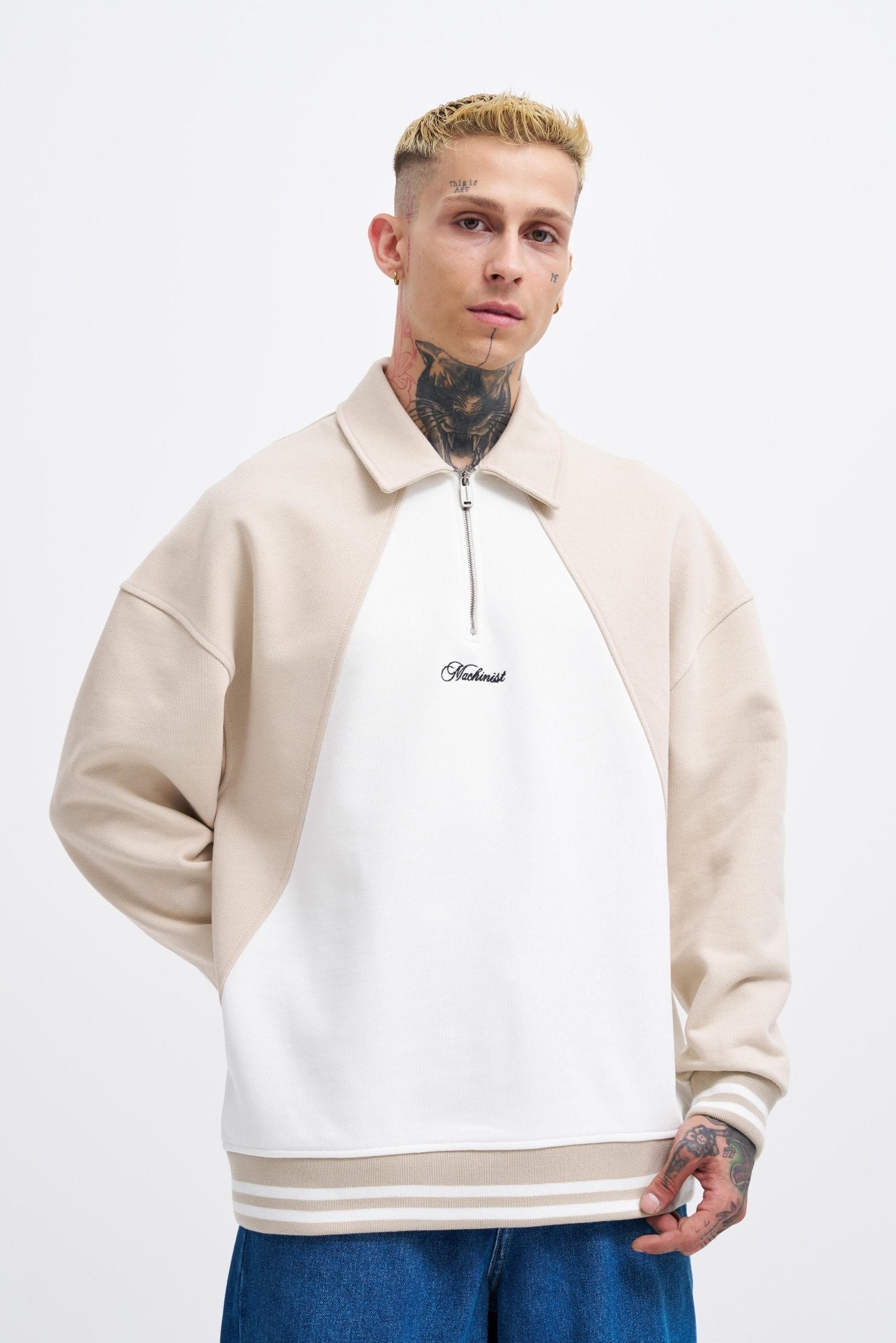Erkek İşleme Detaylı Polo Sweatshirt Ekru - Açık Bej