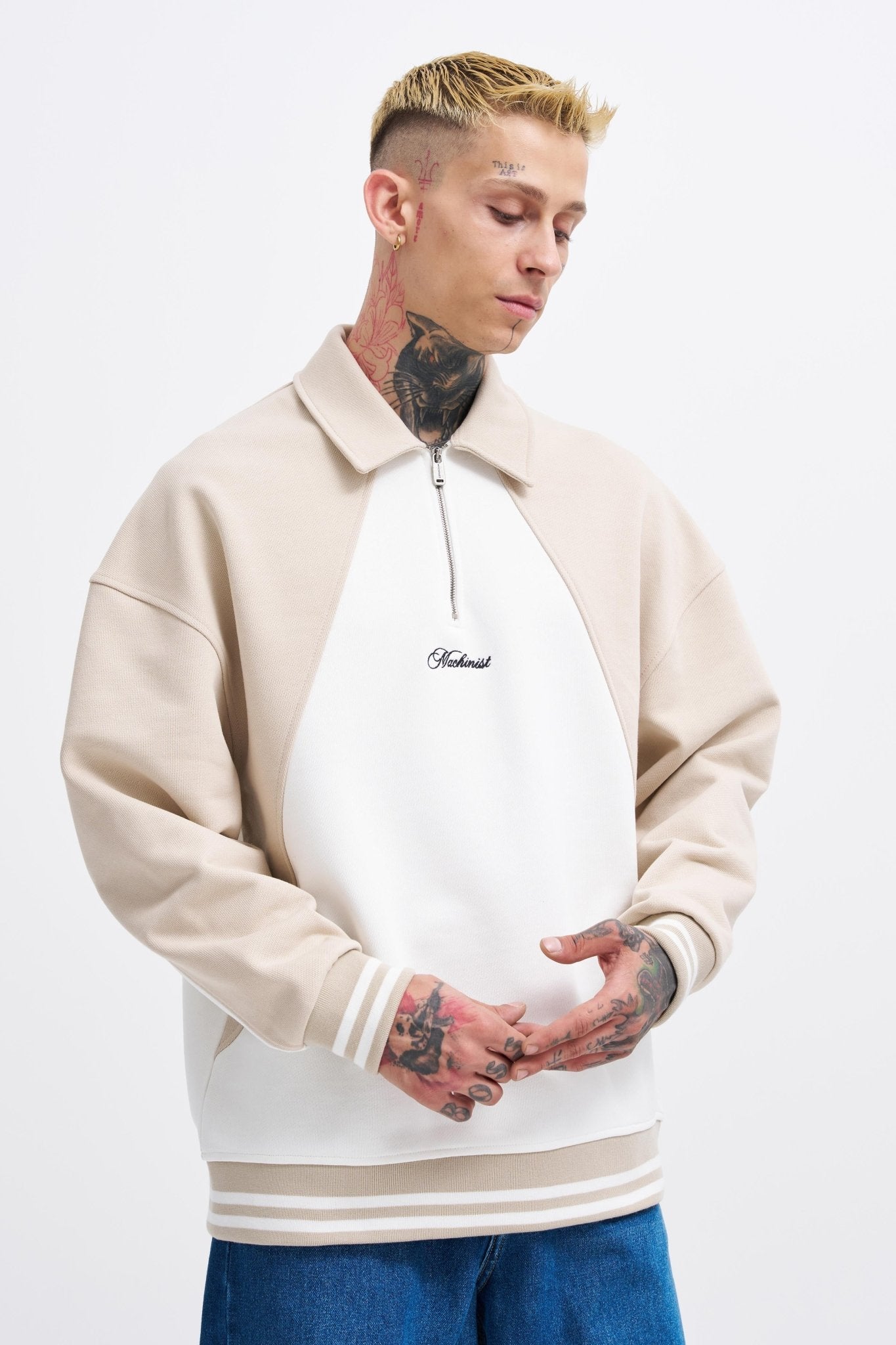 Erkek İşleme Detaylı Polo Sweatshirt Ekru - Açık Bej