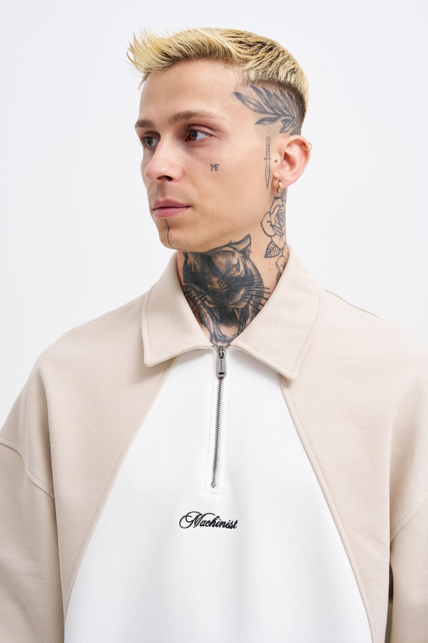 Erkek İşleme Detaylı Polo Sweatshirt Ekru - Açık Bej