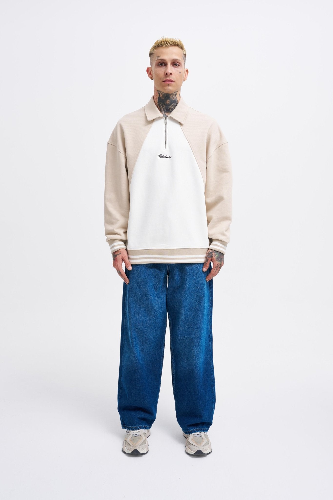 Erkek İşleme Detaylı Polo Sweatshirt Ekru - Açık Bej
