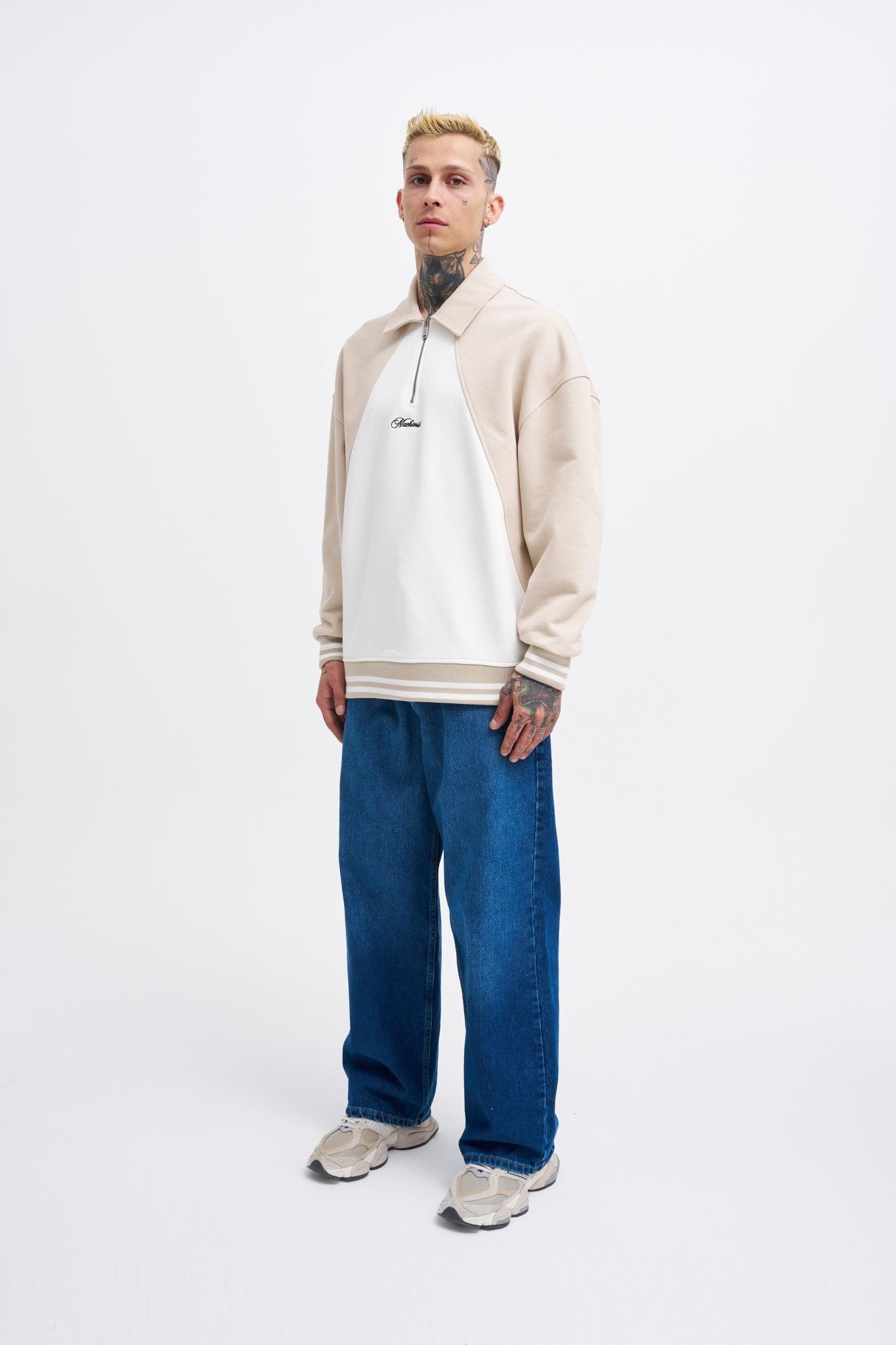 Erkek İşleme Detaylı Polo Sweatshirt Ekru - Açık Bej