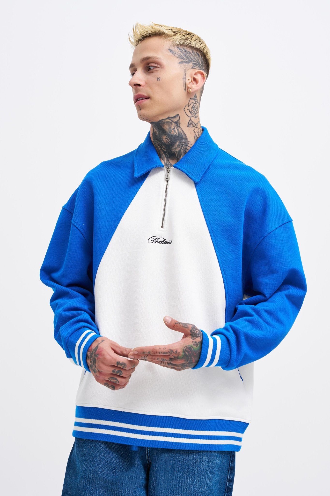 Erkek İşleme Detaylı Polo Sweatshirt Ekru - Açık Mavi