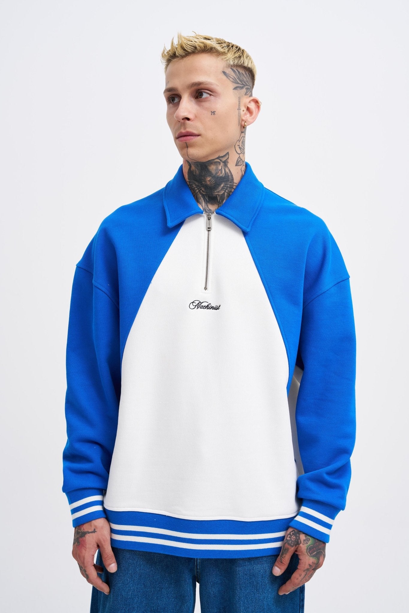 Erkek İşleme Detaylı Polo Sweatshirt Ekru - Açık Mavi