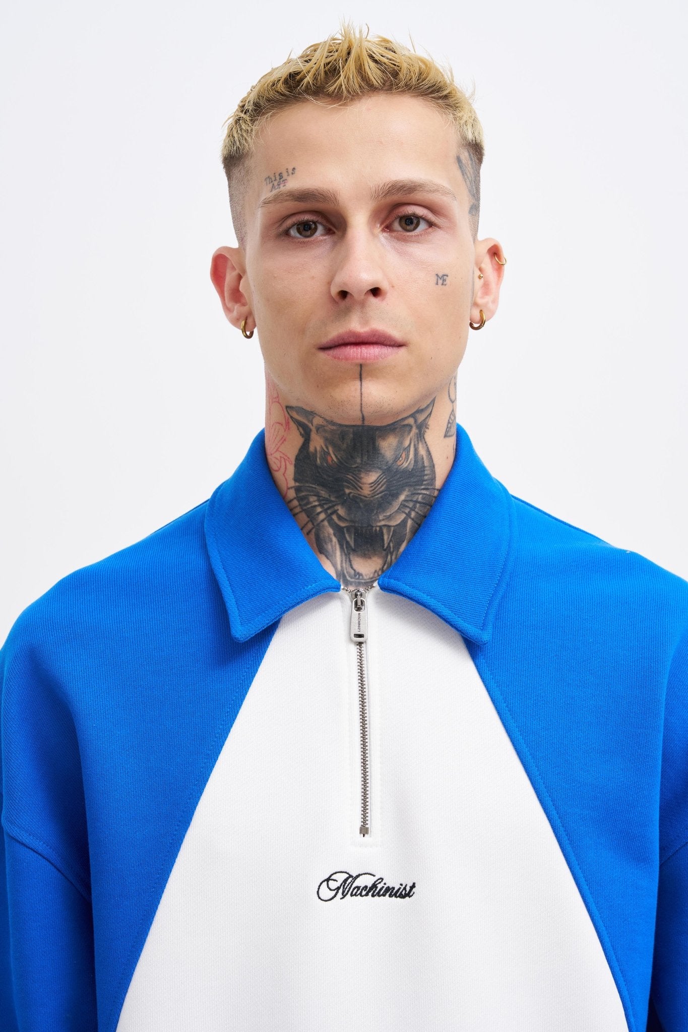 Erkek İşleme Detaylı Polo Sweatshirt Ekru - Açık Mavi