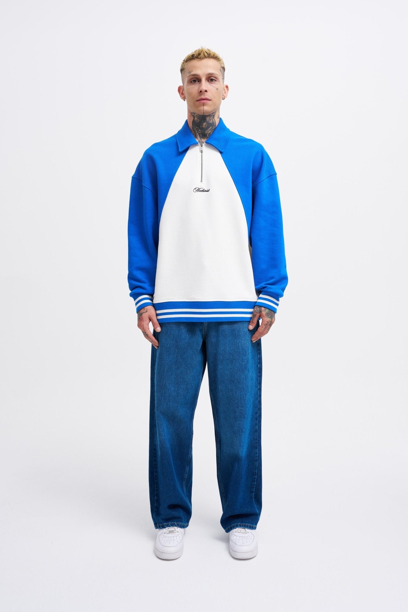 Erkek İşleme Detaylı Polo Sweatshirt Ekru - Açık Mavi