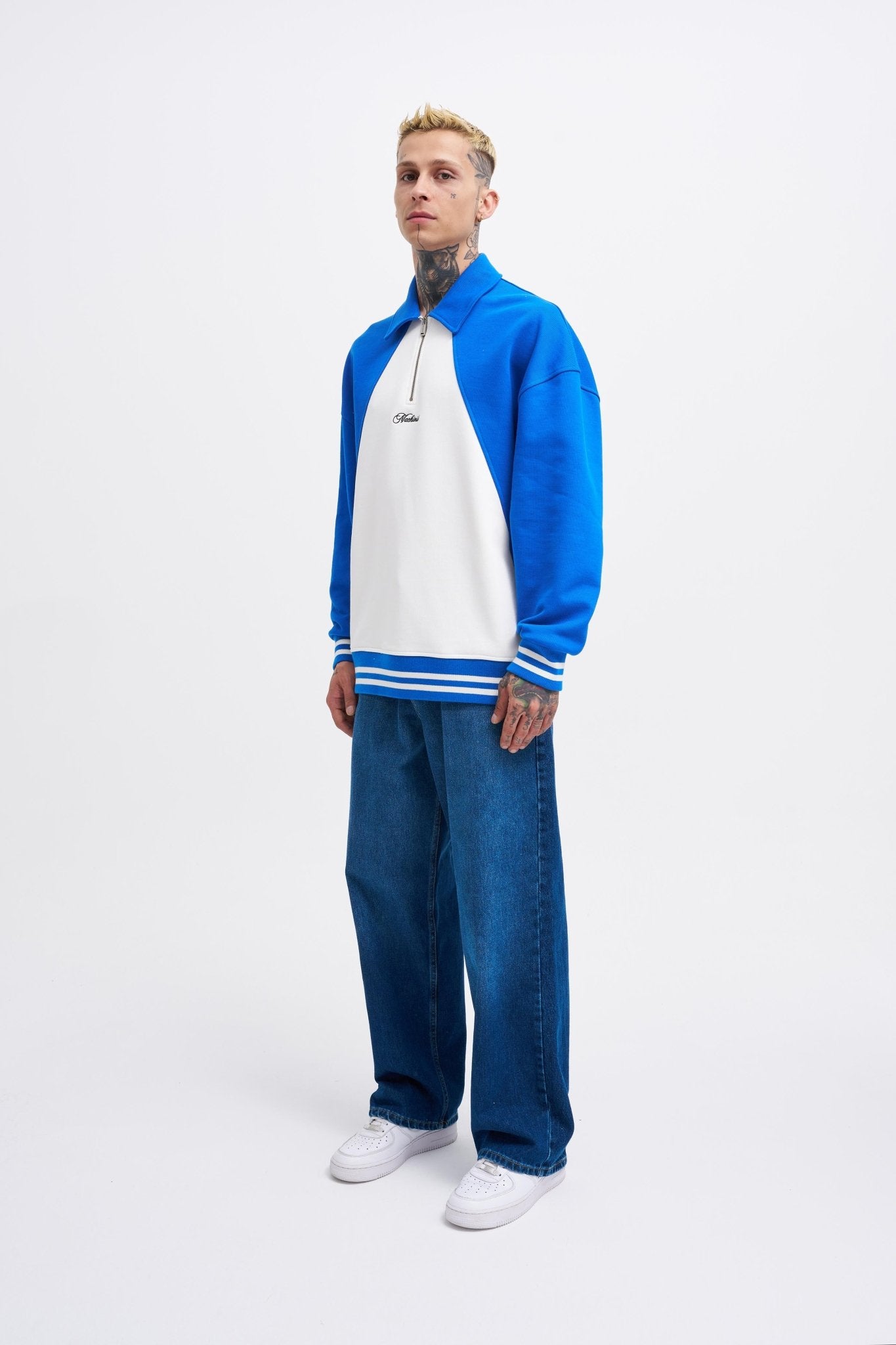 Erkek İşleme Detaylı Polo Sweatshirt Ekru - Açık Mavi