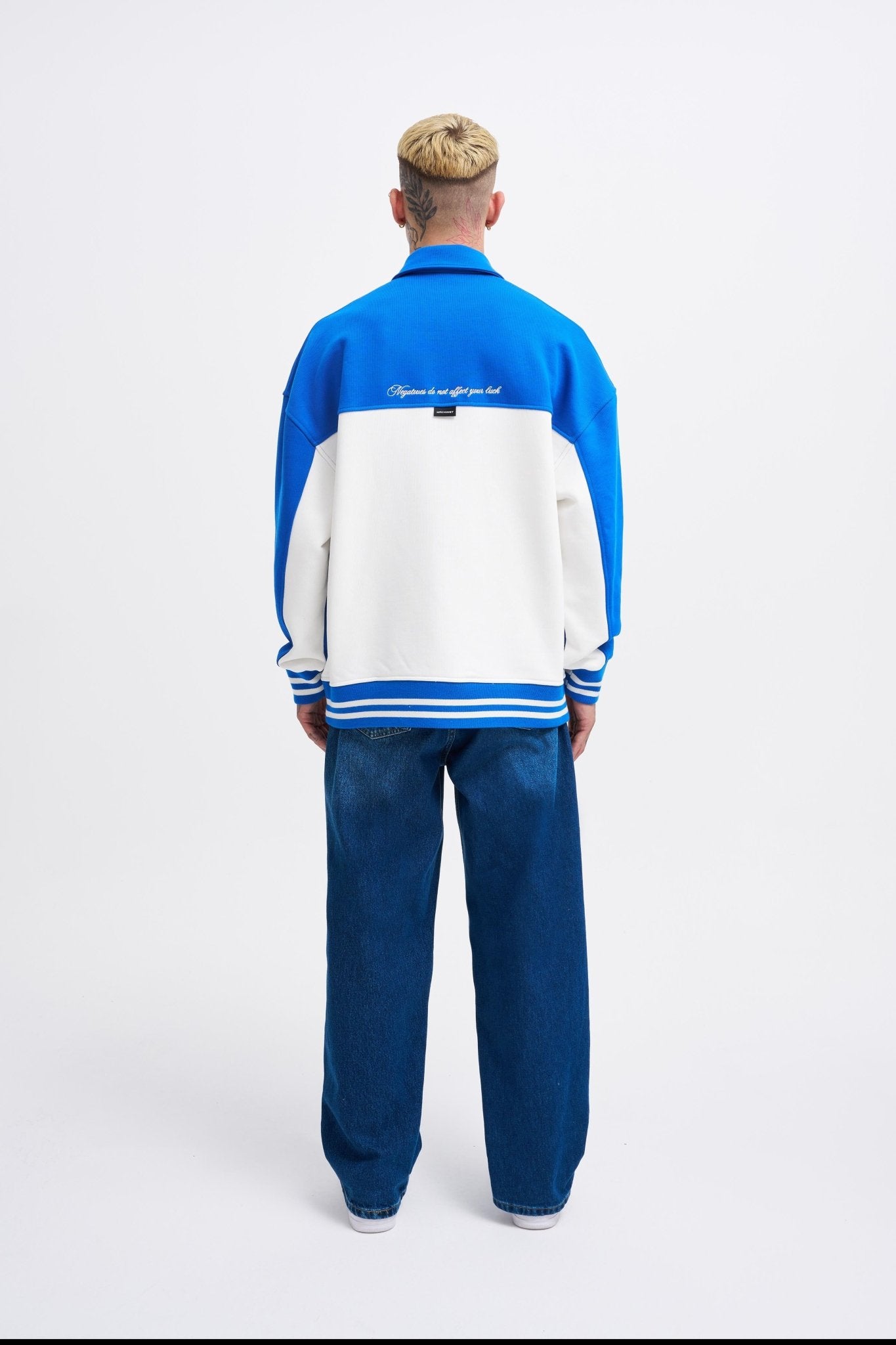 Erkek İşleme Detaylı Polo Sweatshirt Ekru - Açık Mavi