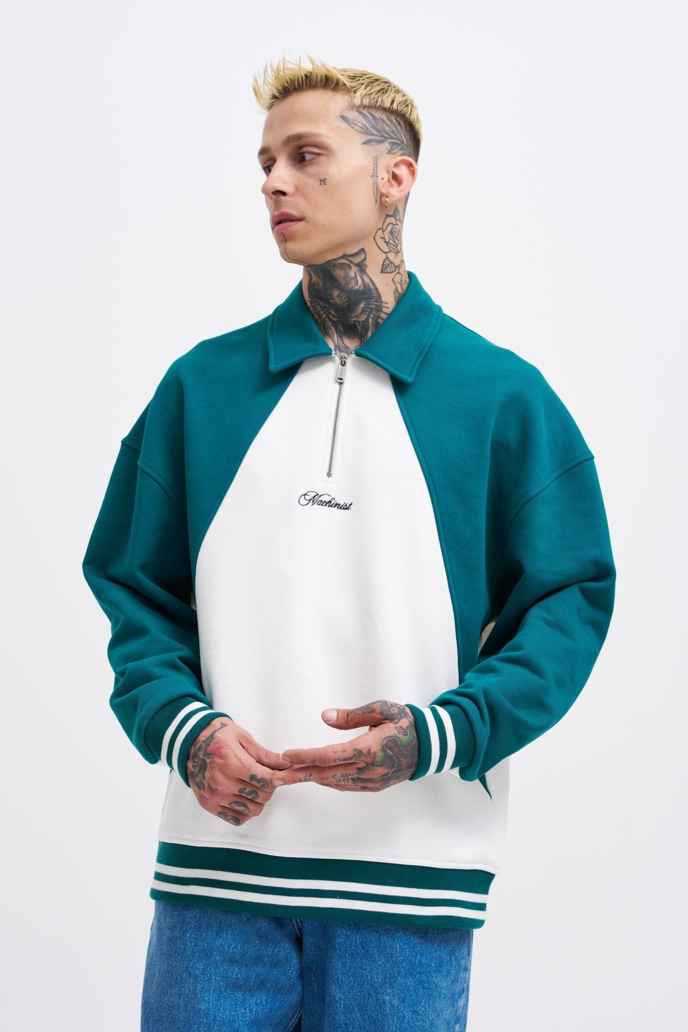 Erkek İşleme Detaylı Polo Sweatshirt Ekru - Yağ Yeşili