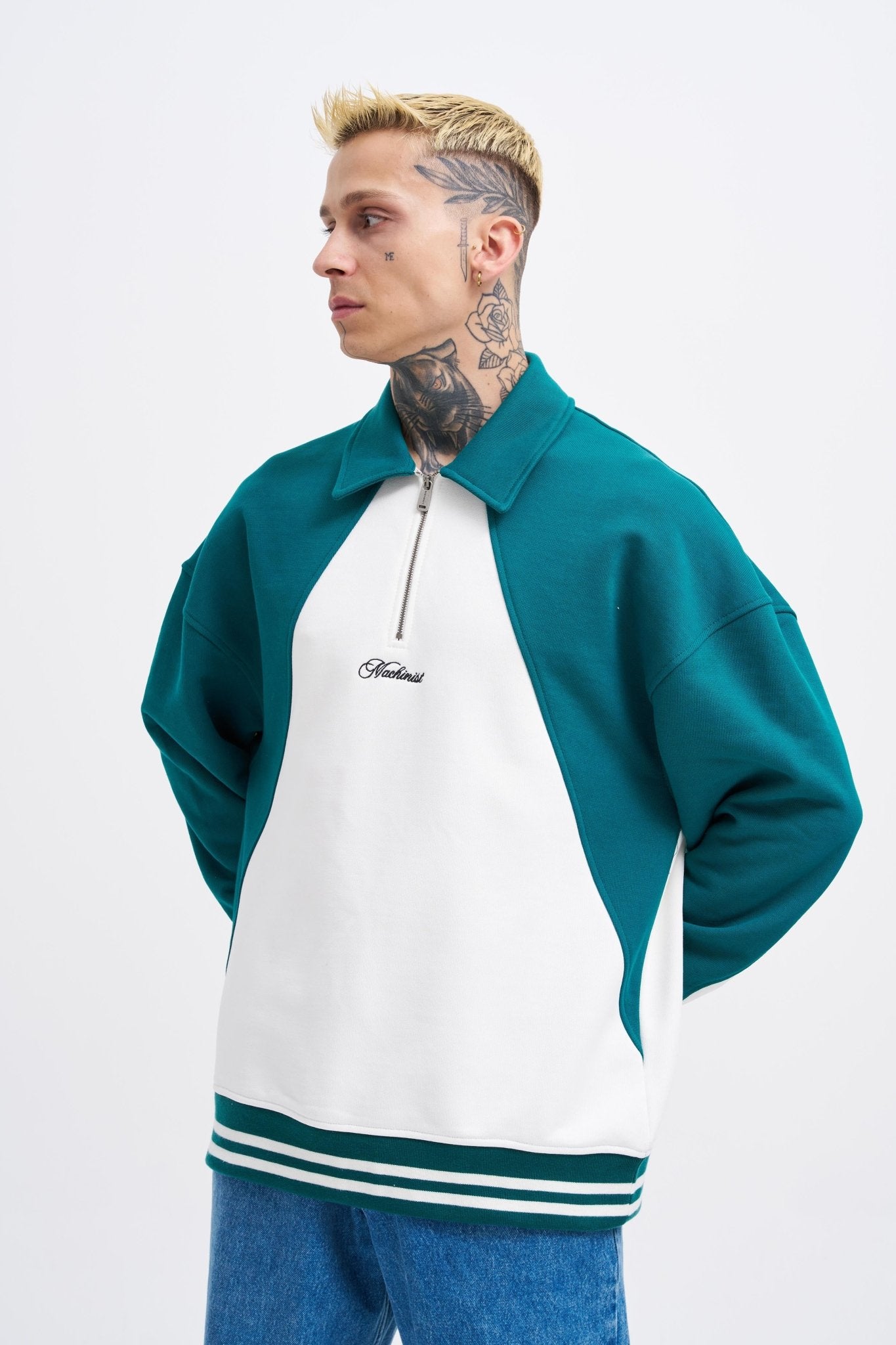 Erkek İşleme Detaylı Polo Sweatshirt Ekru - Yağ Yeşili