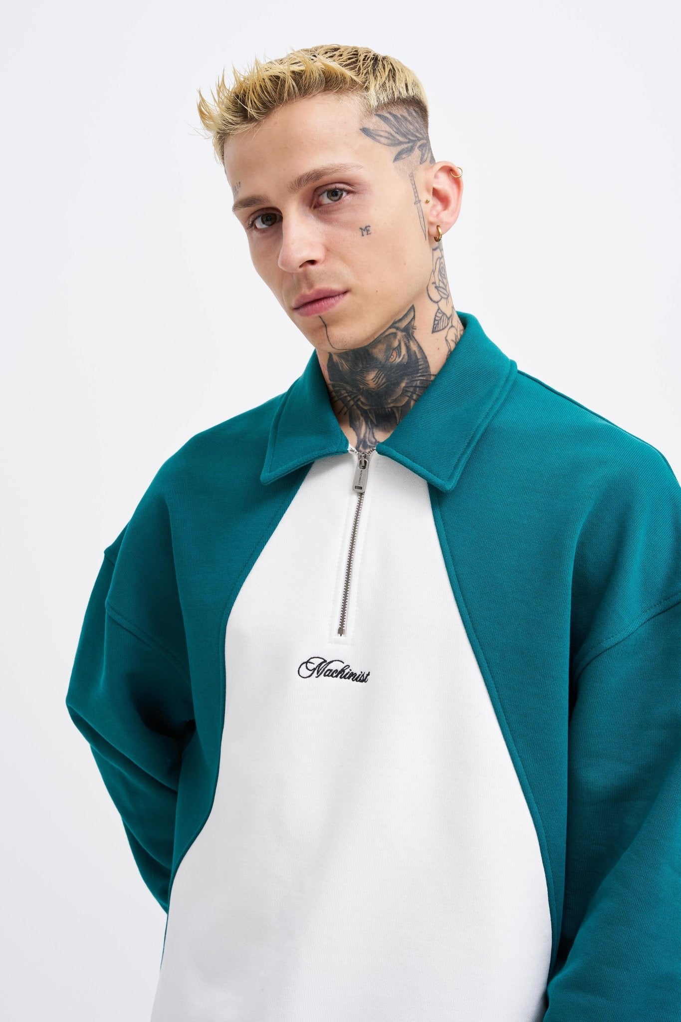 Erkek İşleme Detaylı Polo Sweatshirt Ekru - Yağ Yeşili