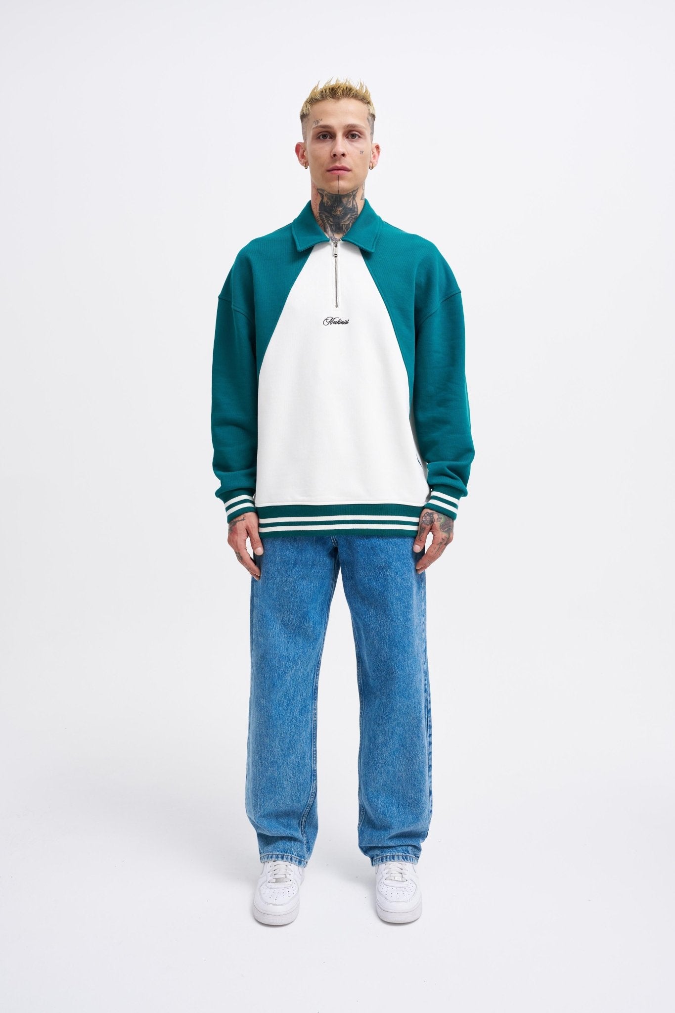 Erkek İşleme Detaylı Polo Sweatshirt Ekru - Yağ Yeşili