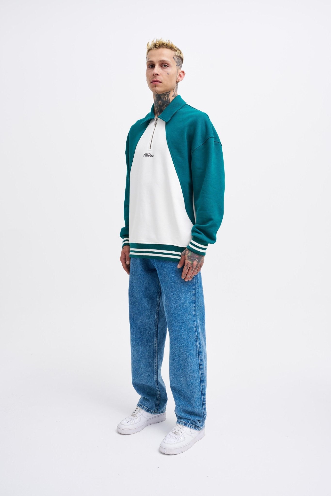 Erkek İşleme Detaylı Polo Sweatshirt Ekru - Yağ Yeşili