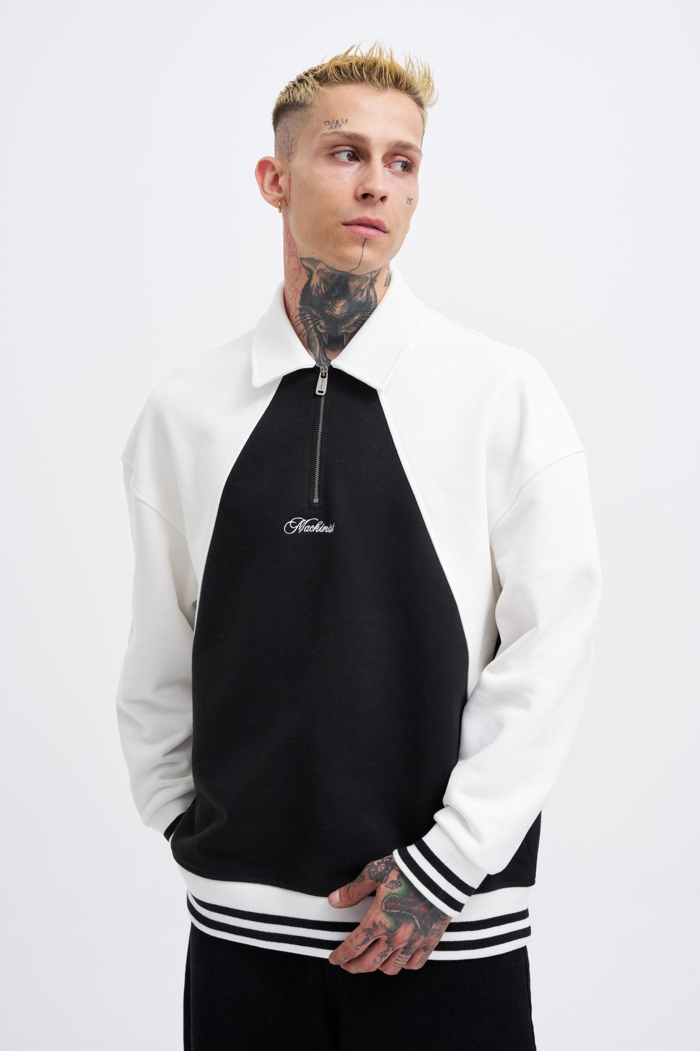 Erkek İşleme Detaylı Polo Sweatshirt Siyah - Ekru
