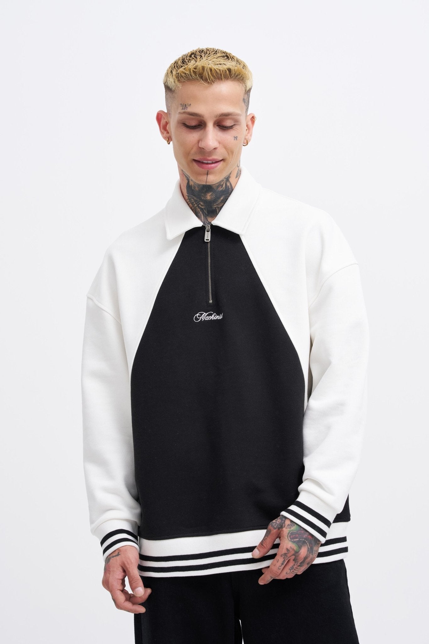 Erkek İşleme Detaylı Polo Sweatshirt Siyah - Ekru
