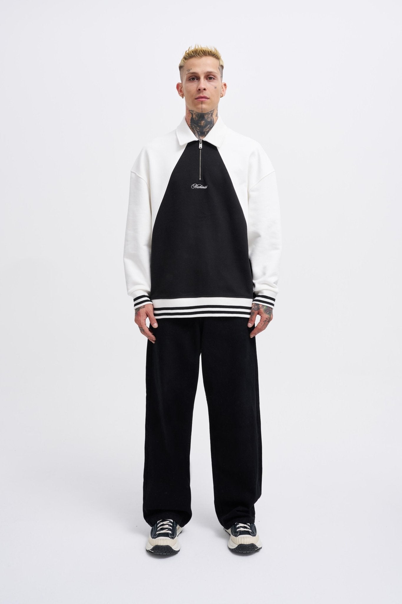 Erkek İşleme Detaylı Polo Sweatshirt Siyah - Ekru